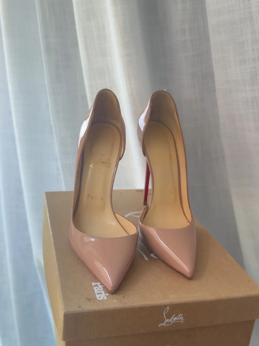 Christian Louboutin Nude Patent Pointed-Toe Pumps with Red Soles